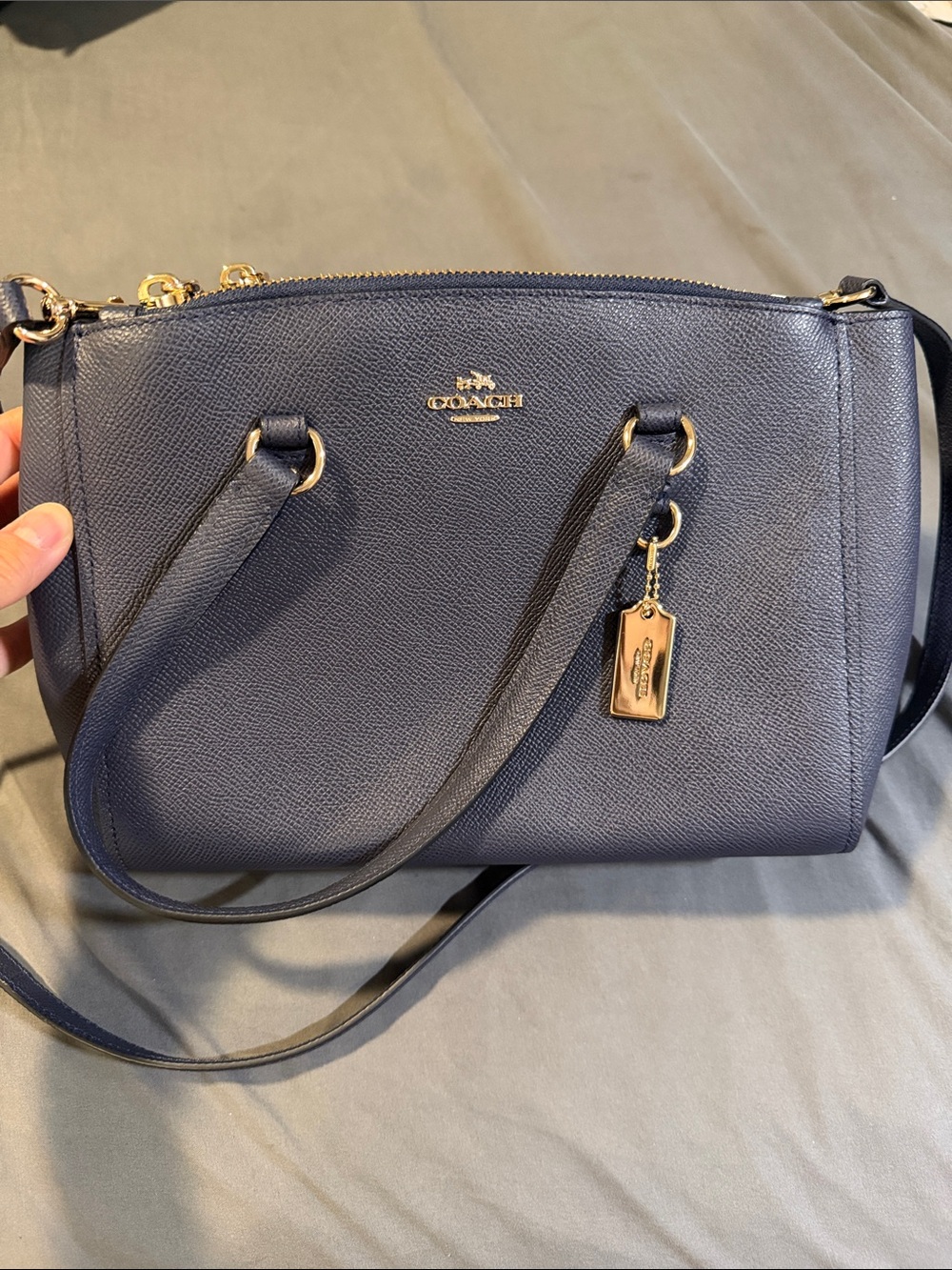 Coach Navy Pebbled Leather Shoulder Satchel with Gold Hardware